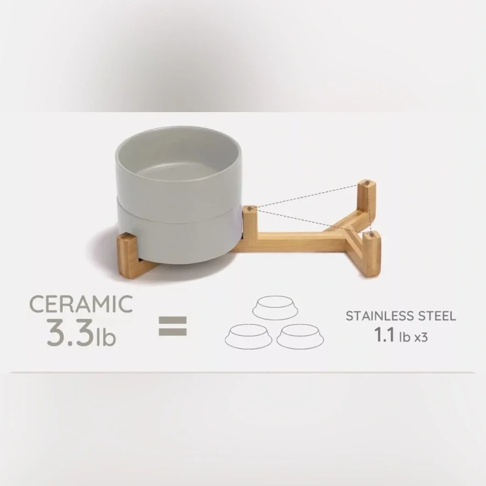 SPUNKYJUNKY Ceramic Dog and Cat Bowl with Wood Stand Non-Slip